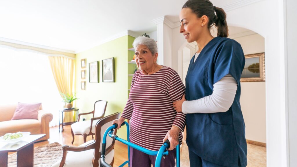 Elderly woman receiving personalized home care services in a comfortable living environment.
