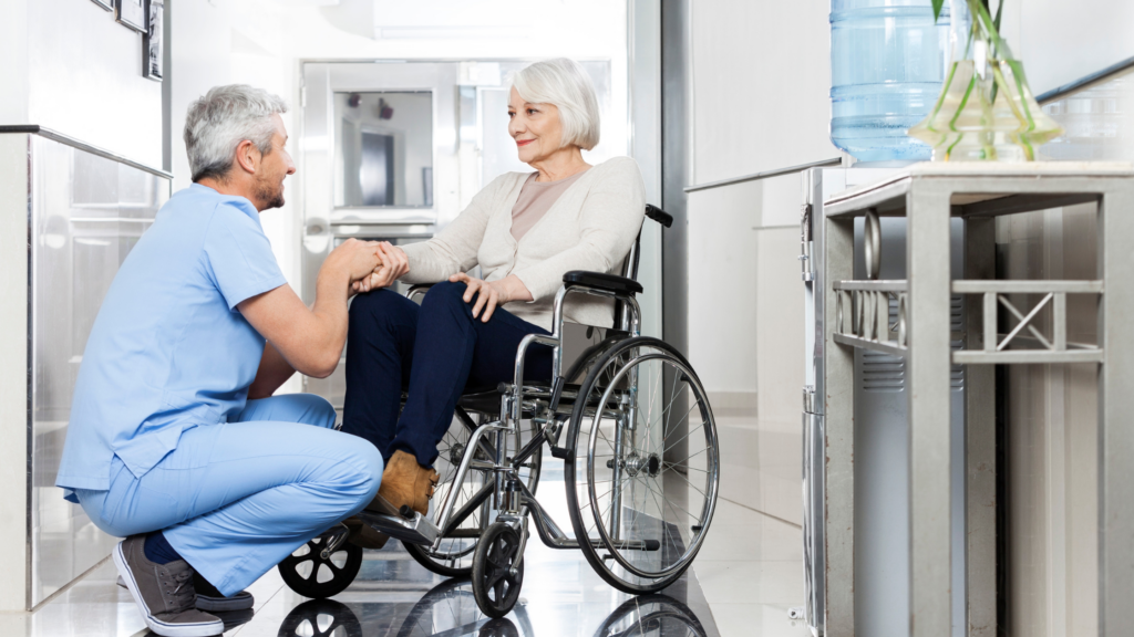 Medical professional providing physical therapy as part of long-term care services.