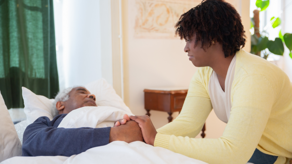 Senior woman receiving in-home long-term care support from a professional caregiver.