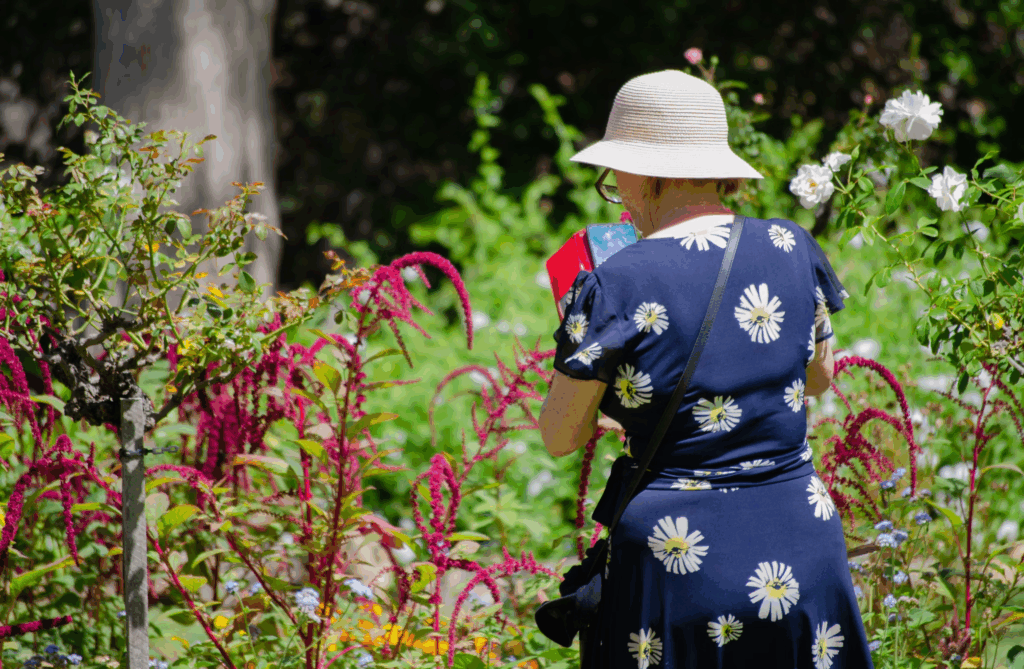 Senior in a wheelchair participating in garden therapy at a home care garden setup