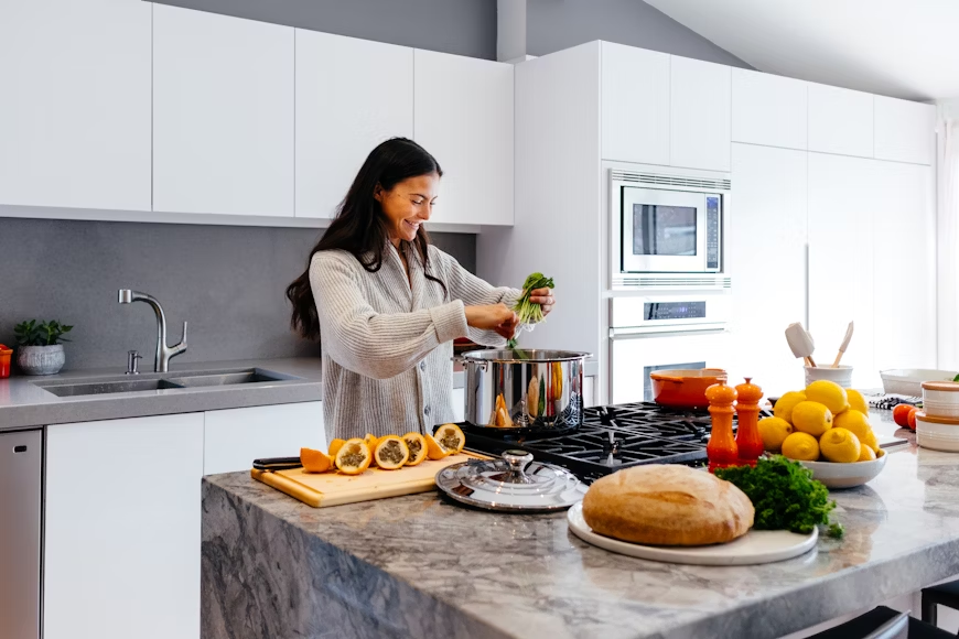 Healthy groceries on a kitchen counter ready for senior meal preparation
