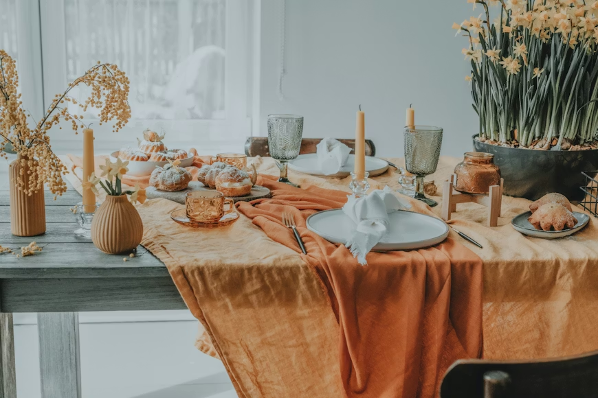 Thanksgiving dinner table set in a warm and cozy senior home environment.