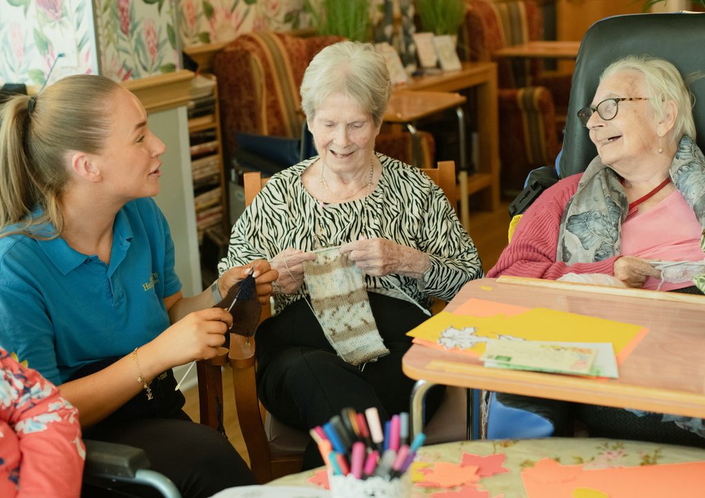 Female caregiver assisting senior women with knitting activities in a living room while evaluating home care services for companion and social support.